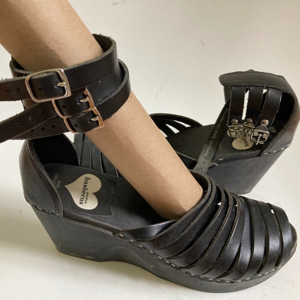 Swedish Hasbeens for H&M Black Leather Clogs
